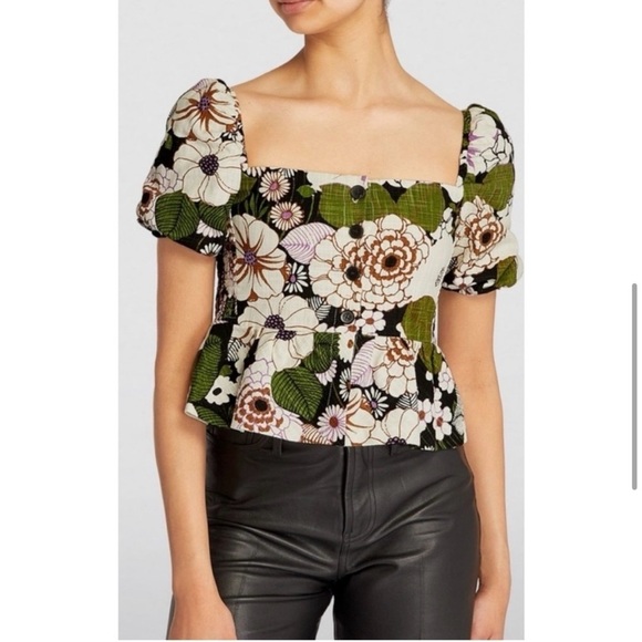 MAJE Loflower cropped organic cotton puff sleeve button down peplum top size 2/M - Picture 3 of 16